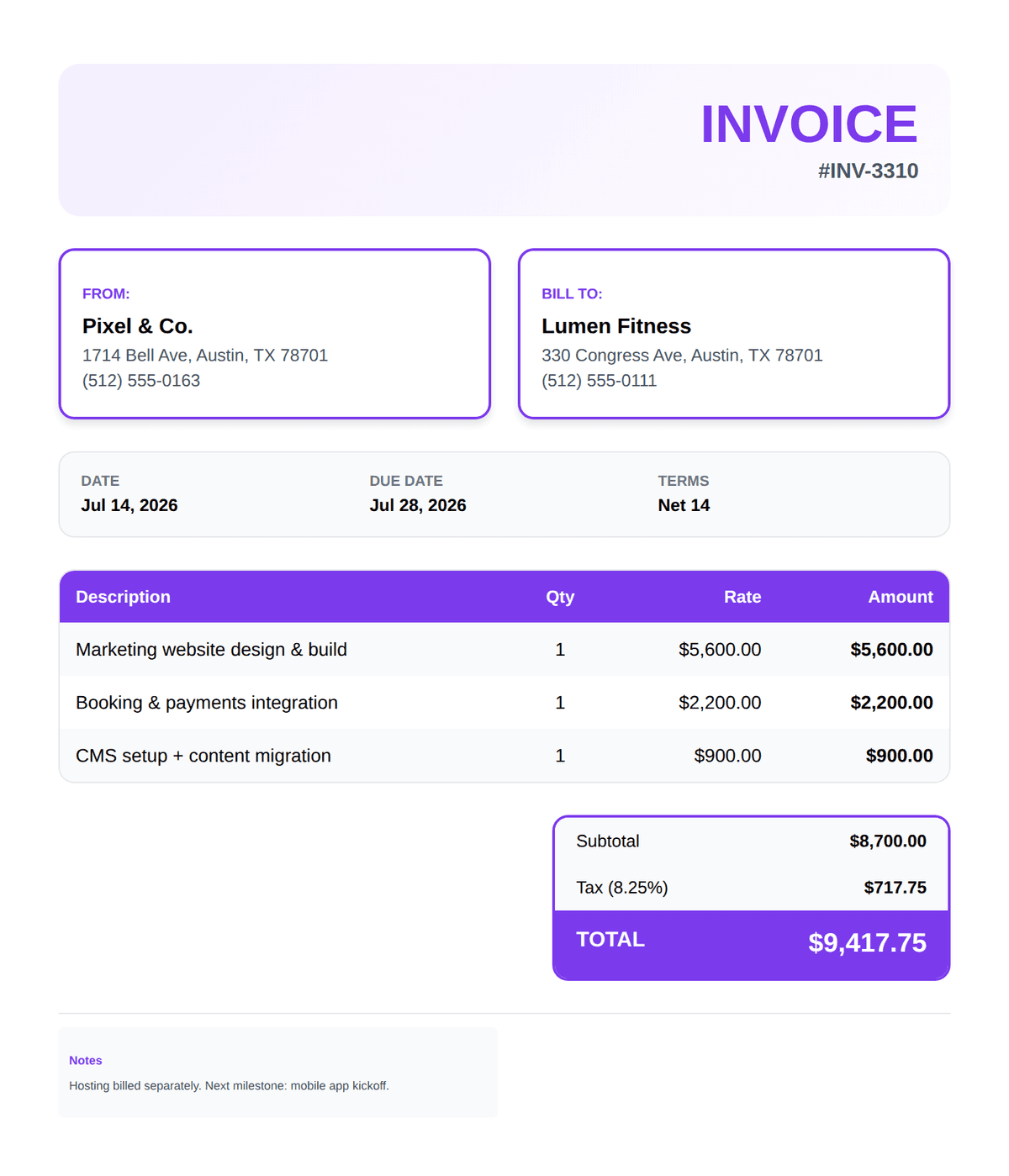 Modern Card invoice template